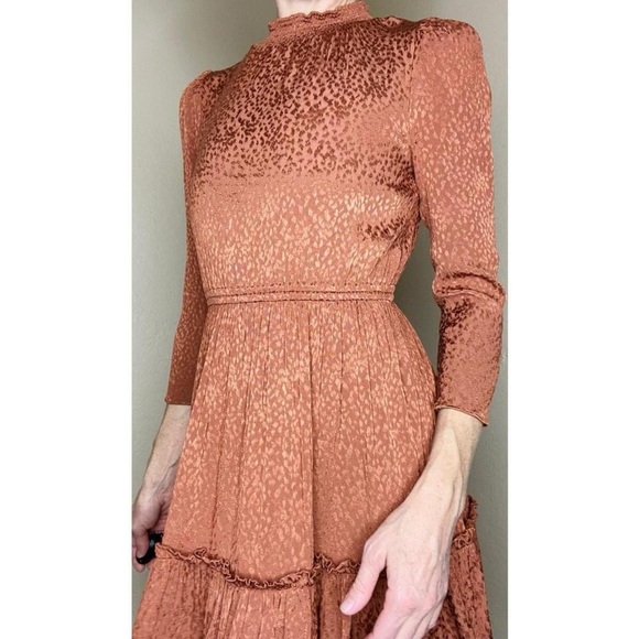 Madewell Brown Tan Animal Printed Mock Neck Ruffle Hem Mini Dress - Picture 7 of 8